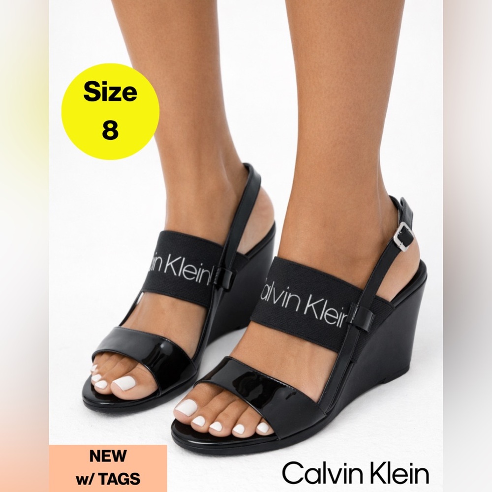 NEW 🖤 CALVIN KLEIN Black Patent Logo Elastic Wedge Sandals (Women’s Size 8)